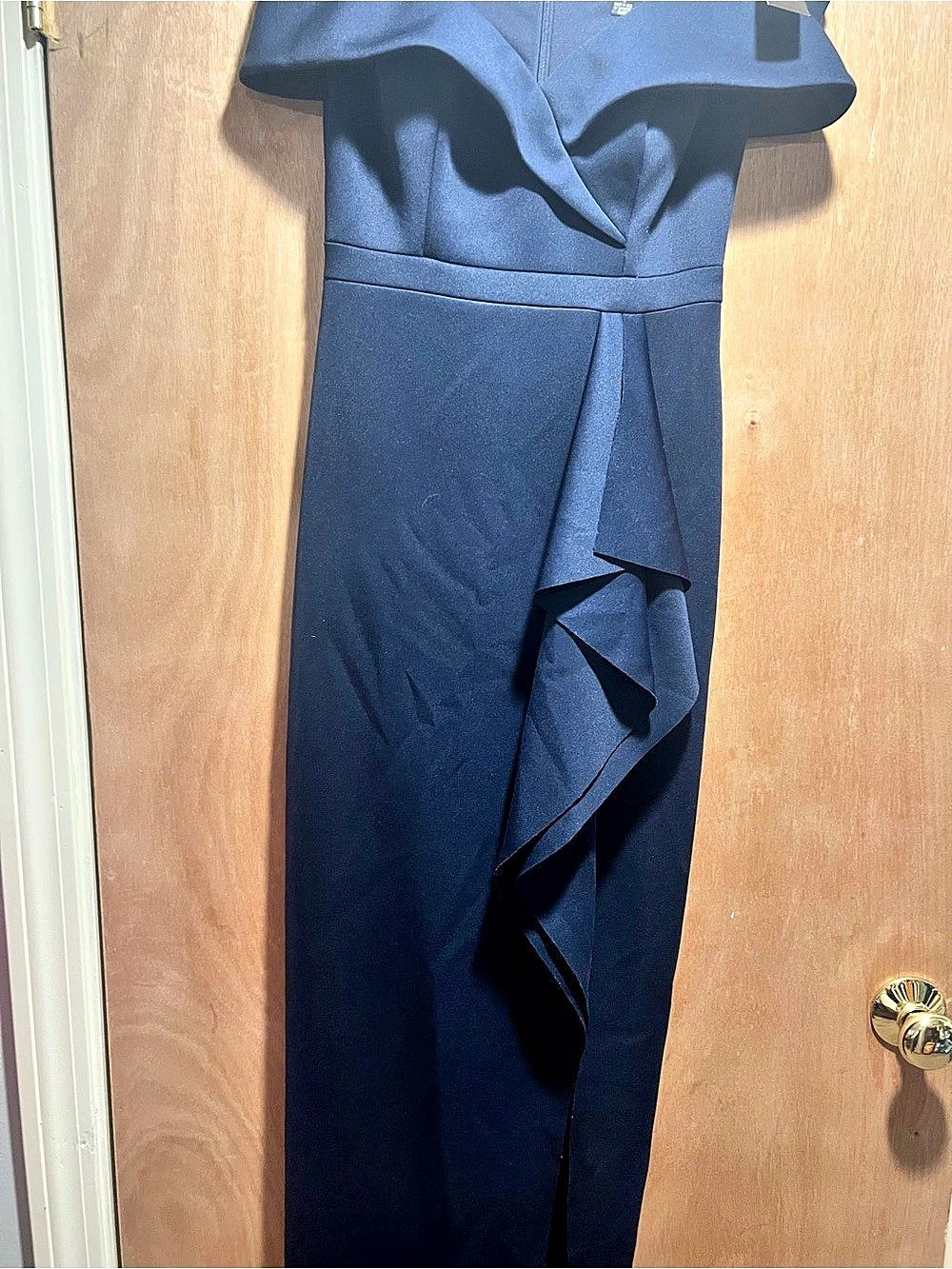Xscape Off-The-Shoulder Ruffle Crepe Gown Maxi Dress Navy Size 6